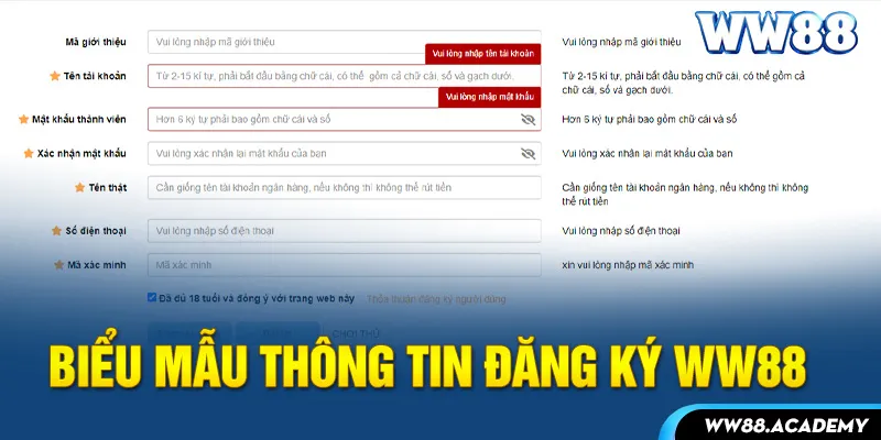 Biểu mẫu thông tin đăng ký WW88