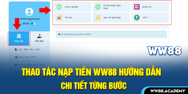 Thao tác nạp tiền ww88 hướng dẫn chi tiết từng bước