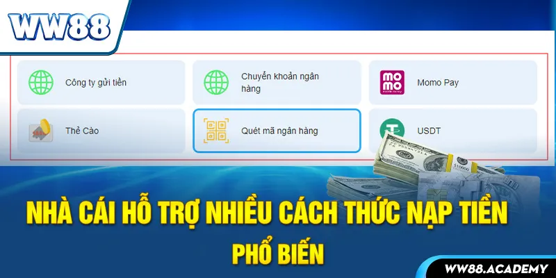 Nhà cái hỗ trợ nhiều cách thức nạp tiền phổ biến